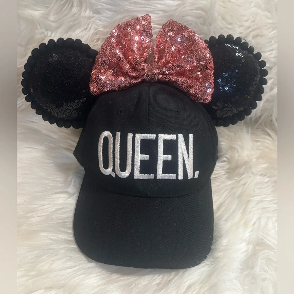 Handcrafted Minnie Baseball Cap with Sequin Minnie Ears and Pink Sequin Bow
